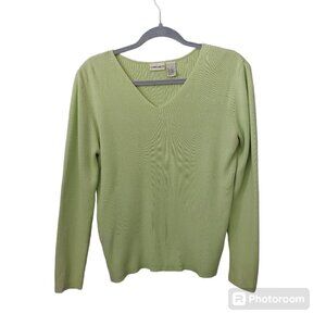 *Retro Vintage Cherokee Lime Green V-Neck Ribbed Long Sleeve Sweater Large Y2K